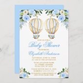 水彩青いフローラバルーン双生児シャワー 招待状 (正面/裏面)