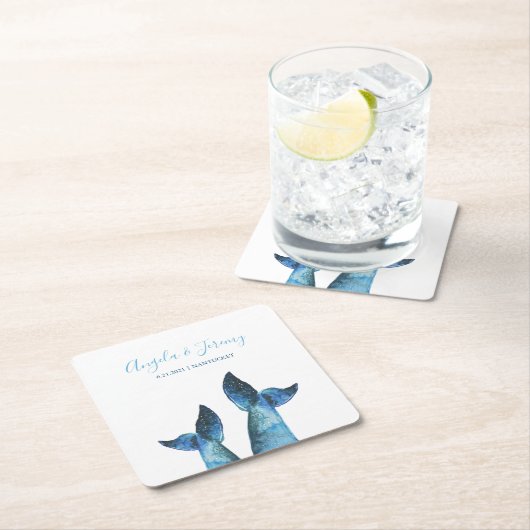 水彩青いホエールテー結婚ブル スクエアペーパーコースター (インサイチュ)