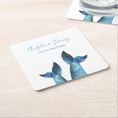 水彩青いホエールテー結婚ブル スクエアペーパーコースター (アングル)