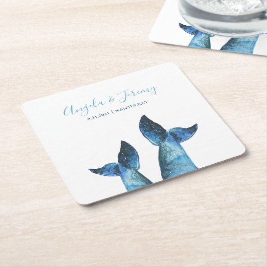 水彩青いホエールテー結婚ブル スクエアペーパーコースター (アングル)