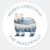 水彩青いポーラーベア メリークリスマス ラウンドシール (正面)