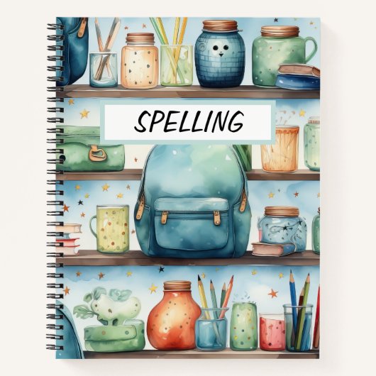 水彩青いランドセルを棚に ノートブック (正面)