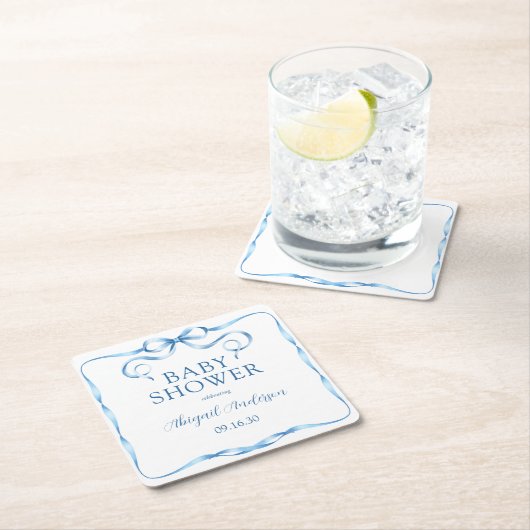 水彩青いリボン赤ちゃんシャワー スクエアペーパーコースター (インサイチュ)