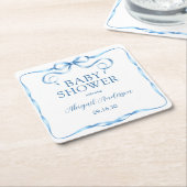 水彩青いリボン赤ちゃんシャワー スクエアペーパーコースター (アングル)