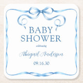 水彩青いリボン赤ちゃんシャワー スクエアペーパーコースター (正面)