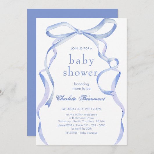 水彩青いリボン赤ちゃんシャワー 招待状 (正面/裏面)