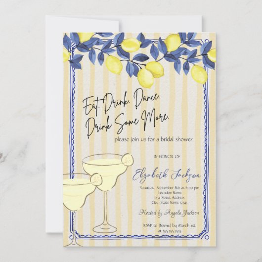 水彩青いレモンのマティーニ イエローのストライプ 招待状 (正面)