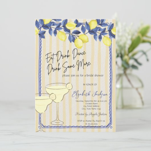水彩青いレモンのマティーニ イエローのストライプ 招待状 (スタンド正面)