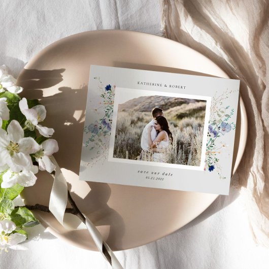 水彩青いワイルドフラワー日付はがきを保存 ポストカード