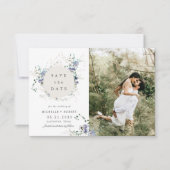 水彩青いワイルドフラワー2枚の写真保存日 招待状 (正面)