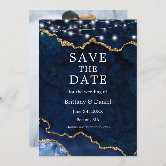 水彩青い大理石瑪瑙ジオード照明写真 セーブザデート (正面/裏面)