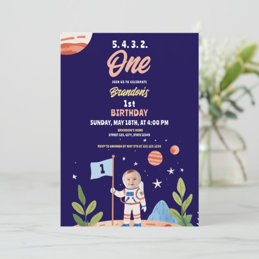 水彩青い宇宙飛行士の旗の写真1st誕生日 招待状 (スタンド正面)