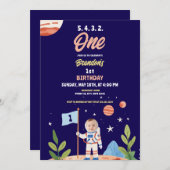 水彩青い宇宙飛行士の旗の写真1st誕生日 招待状 (正面/裏面)