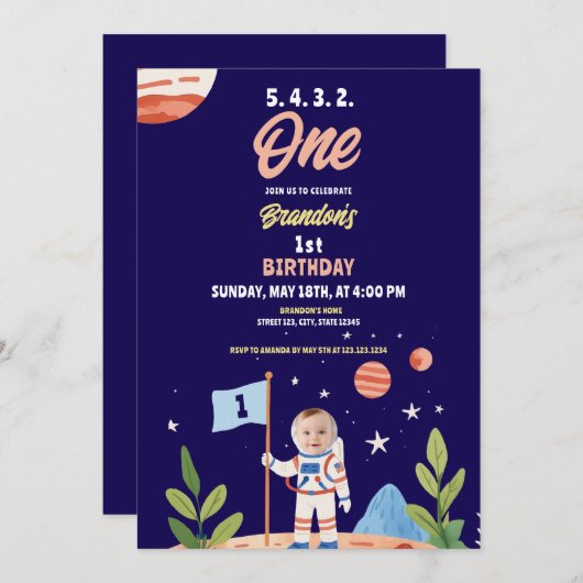 水彩青い宇宙飛行士の旗の写真1st誕生日 招待状 (正面/裏面)