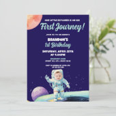 水彩青い宇宙飛行士宇宙写真1st誕生日 招待状 (スタンド正面)
