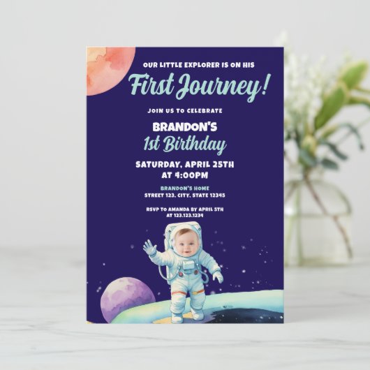 水彩青い宇宙飛行士宇宙写真1st誕生日 招待状 (スタンド正面)