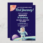 水彩青い宇宙飛行士宇宙写真1st誕生日 招待状 (正面/裏面)