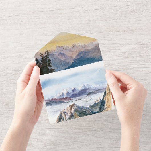 水彩青い山々パイン結婚ズ オールインワン招待状 (開いている状態)