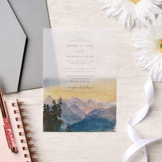 水彩青い山々パイン結婚ズ ベラム紙招待状 (ウェディング)