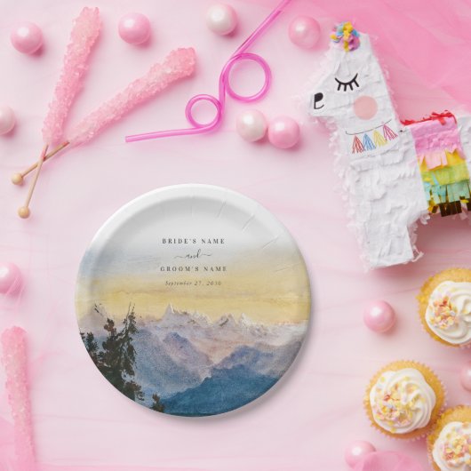 水彩青い山々パイン結婚ズ ペーパープレート (パーティー)