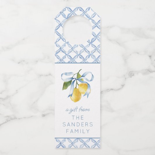 水彩青い弓レモンのギフトエンクロージャ ボトルネックタグ (正面)