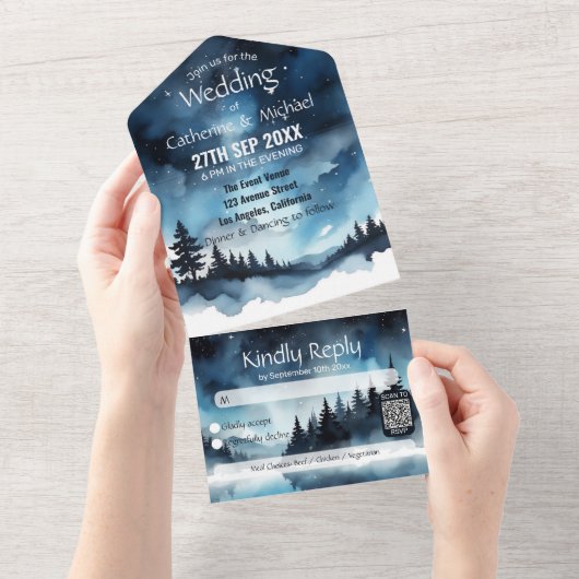 水彩青い星空の天空シナ結婚ーズ オールインワン招待状 (貼ってはがせる)