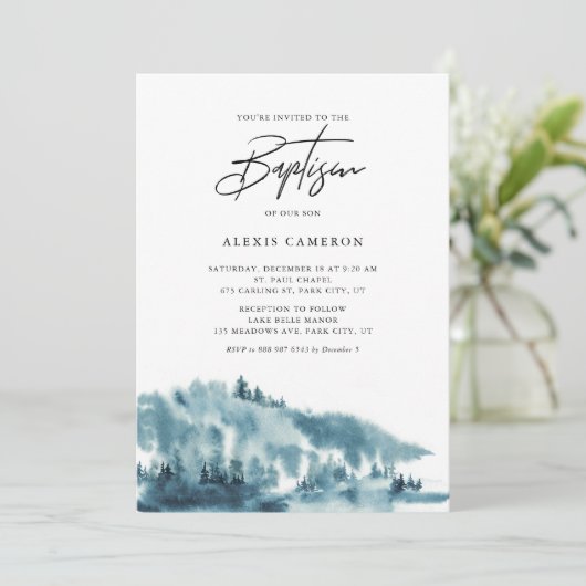 水彩青い森の冬のバプテスマ 招待状 (スタンド正面)