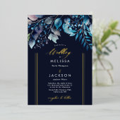 水彩青い植物枝結婚ズダーク 箔招待状 (立ち正面)