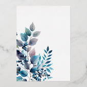 水彩青い植物枝結婚ズダーク 箔招待状 (裏面)