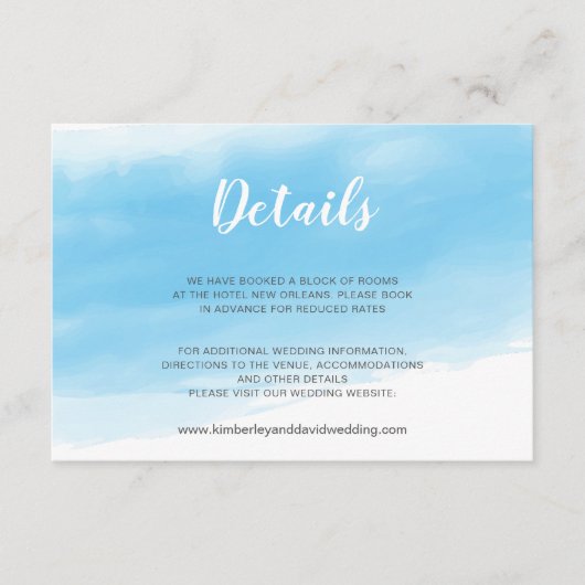 水彩青い海辺のウェディング詳細 エンクロージャーカード (正面)