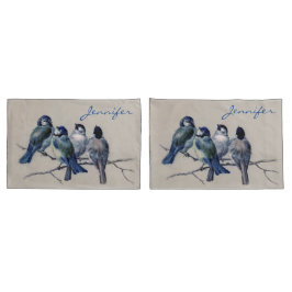 水彩青い灰色の鳥の枝ヴィンテージ 枕カバー