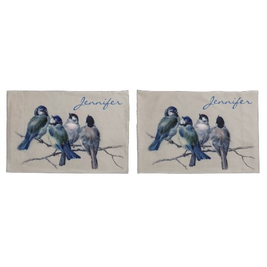 水彩青い灰色の鳥の枝ヴィンテージ 枕カバー (バックセット)