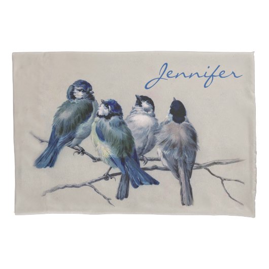 水彩青い灰色の鳥の枝ヴィンテージ 枕カバー (正面左)