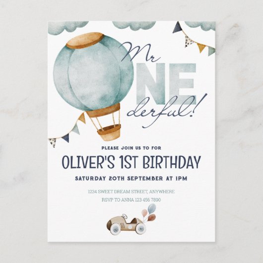 水彩青い熱気球くん ONEの不思議な少年 ポストカード (正面)