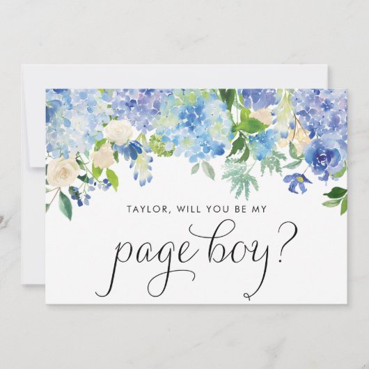 水彩青い紫陽花のページ・ボーイになってもらえますか 招待状 (正面)