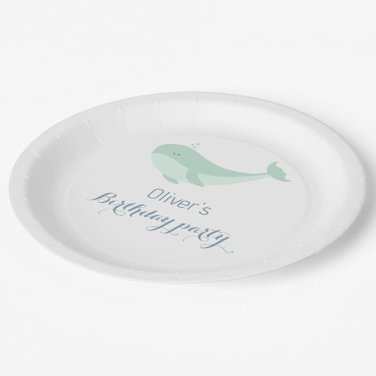 水彩青い緑のクジラの誕生日パーティー ペーパープレート (アングル)