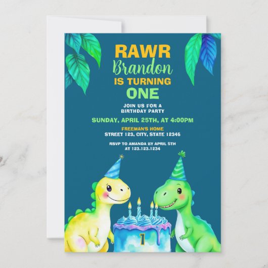 水彩青い緑の黄色の恐竜1st誕生日 招待状 (正面)