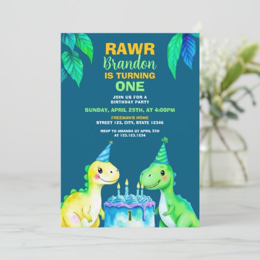 水彩青い緑の黄色の恐竜1st誕生日 招待状 (スタンド正面)