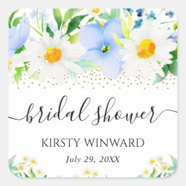 水彩青い花とデイジーのウェディングシャワー スクエアシール