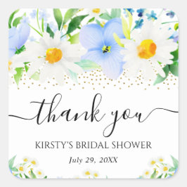 水彩青い花とデイジーのウェディングシャワー スクエアシール