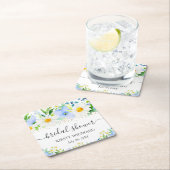 水彩青い花とデイジーのウェディングシャワー スクエアペーパーコースター (インサイチュ)