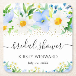 水彩青い花とデイジーのウェディングシャワー スクエアペーパーコースター