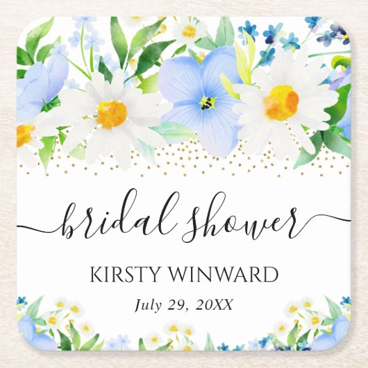 水彩青い花とデイジーのウェディングシャワー スクエアペーパーコースター (正面)