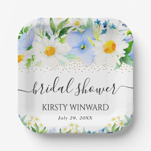 水彩青い花とデイジーのウェディングシャワー ペーパープレート (正面)