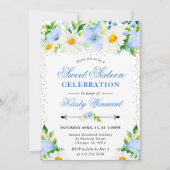 水彩青い花とデイジー写真甘い16 招待状 (正面)