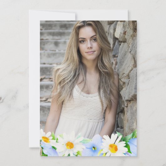 水彩青い花とデイジー写真甘い16 招待状 (裏面)