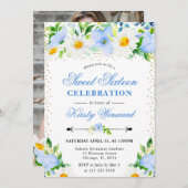 水彩青い花とデイジー写真甘い16 招待状 (正面/裏面)