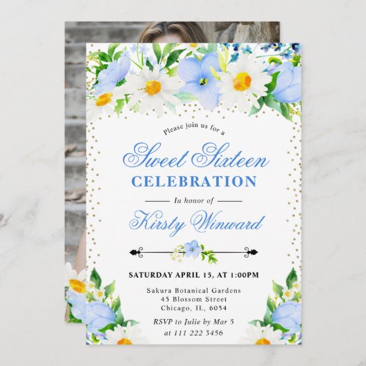 水彩青い花とデイジー写真甘い16 招待状 (正面/裏面)