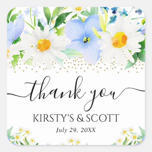 水彩青い花とデイジー結婚ズ スクエアシール (正面)