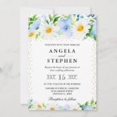 水彩青い花とデイジー結婚ズ 招待状 (正面)